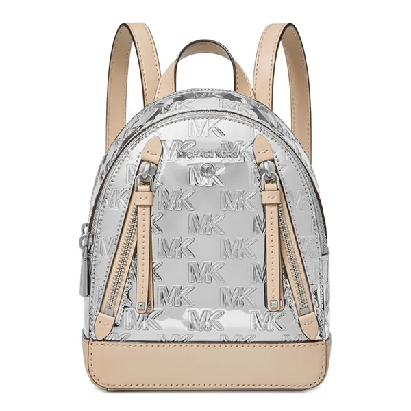 Balo Nữ Michael Kors MK Brooklyn Logo Embossed Patent Extra Small Convertible Crossbody Backpack Màu Bạc/Be - Túi xách - Vua Hàng Hiệu