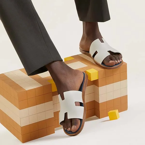 Dép Nam Hermès Izmir Sandal Blanc De Paris / Bleu Céleste Màu Xanh Phối Trắng Size 40