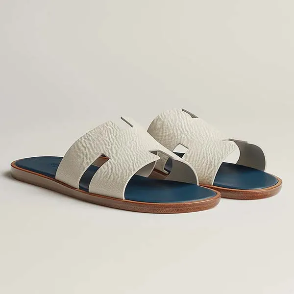 Dép Nam Hermès Izmir Sandal Blanc De Paris / Bleu Céleste Màu Xanh Phối Trắng Size 40