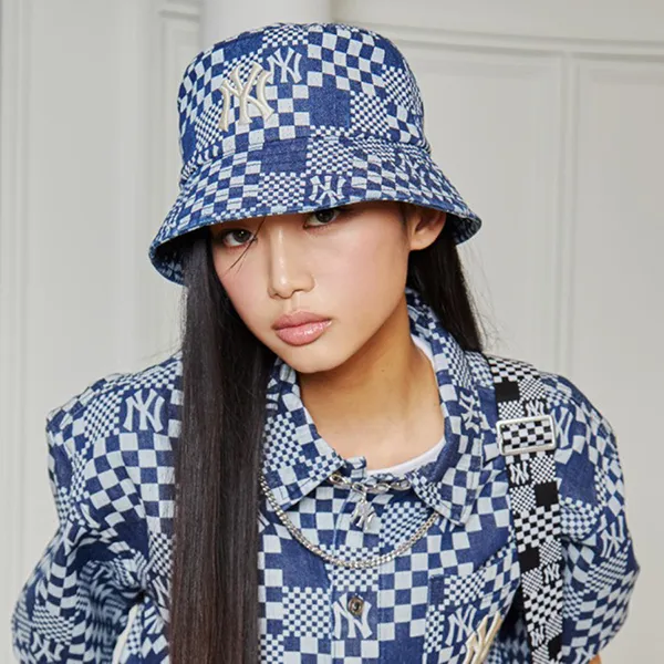 Mũ MLB Bucket Hat Checker Board Denim New York Yankees 3AHT8602N-50BLS Màu Xanh Denim