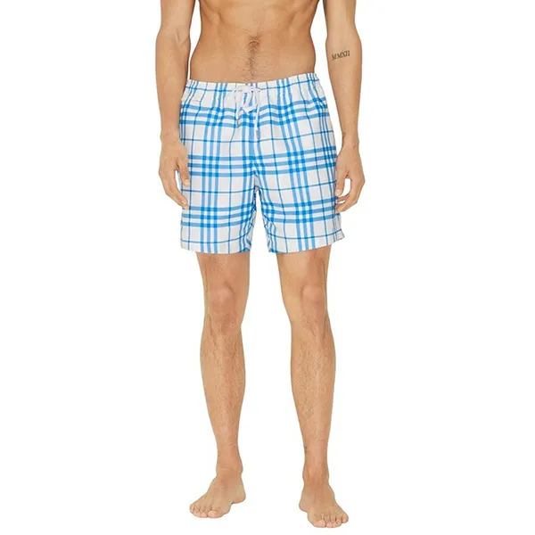 Quần Bơi Nam Burberry Plaid Drawstring Shorts Màu Kẻ Xanh Trắng Size S