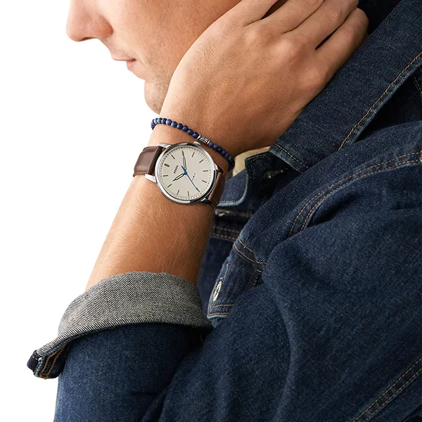 Set Đồng Hồ Nam Fossil The Minimalist 3H FS5966 + Vòng Tay Da Màu Nâu Xanh