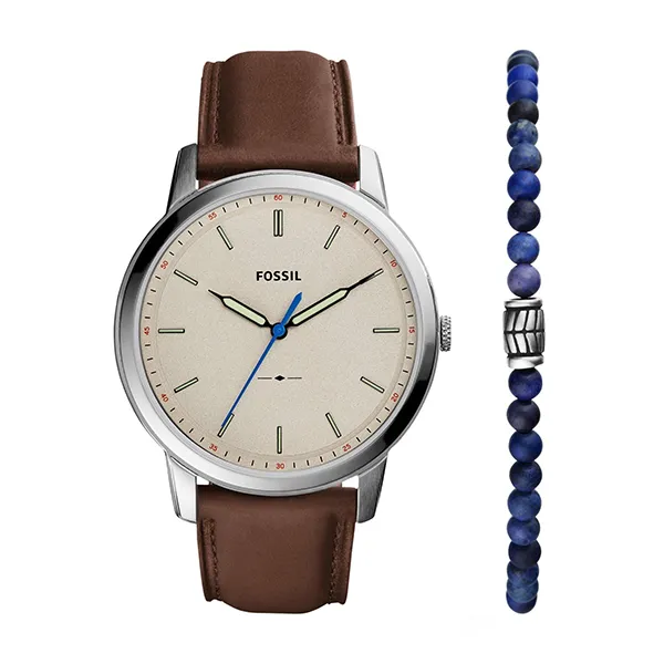 Set Đồng Hồ Nam Fossil The Minimalist 3H FS5966 + Vòng Tay Da Màu Nâu Xanh