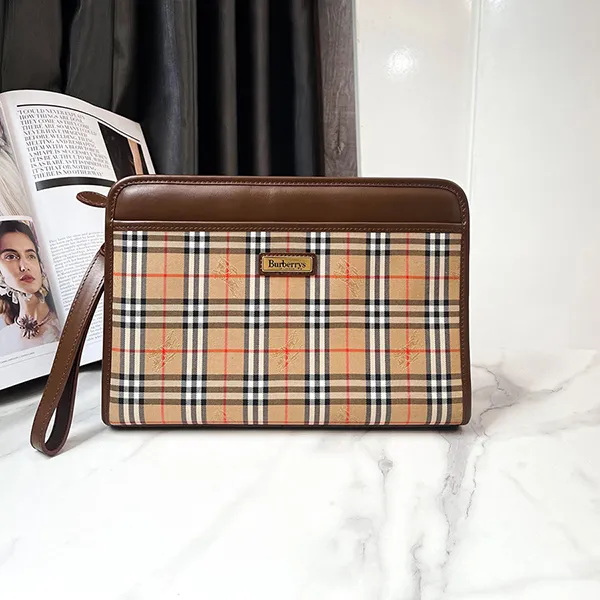 Túi Cầm Tay Nam Burberry Nova Check Clutch Bag Canvas Leather Brown Beige BS7696 Màu Be Nâu - Túi xách - Vua Hàng Hiệu