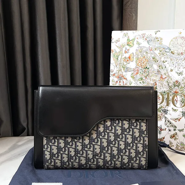 Túi Cầm Tay Nam Dior Black Jacquard Canvas And Leather Saddle Clutch Bag Màu Đen Be