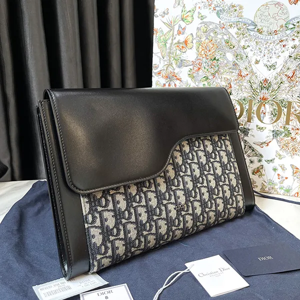 Túi Cầm Tay Nam Dior Black Jacquard Canvas And Leather Saddle Clutch Bag Màu Đen Be
