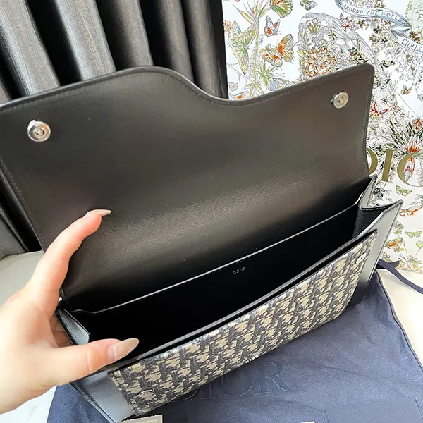 Túi Cầm Tay Nam Dior Black Jacquard Canvas And Leather Saddle Clutch Bag Màu Đen Be