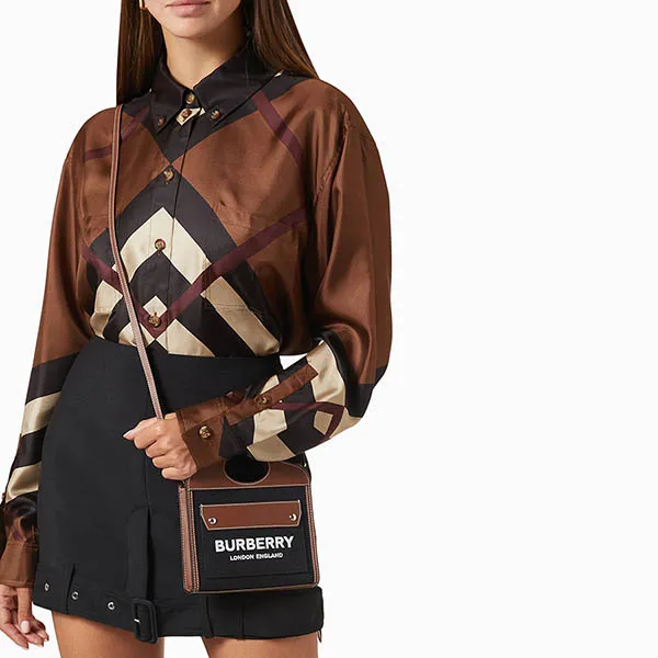 Túi Đeo Chéo Nữ Burberry Micro Pocket Bag In Leather And E-canvas Màu Nâu Đen - Túi xách - Vua Hàng Hiệu