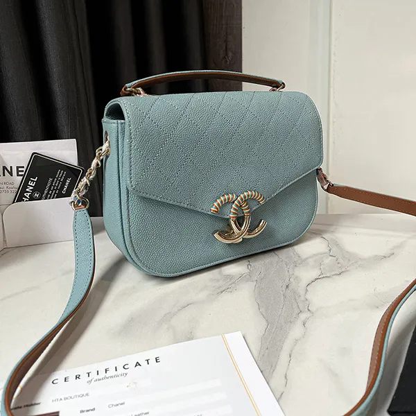 Túi Đeo Chéo Nữ Chanel Cuba Flap Top Handle Caviar Màu Xanh