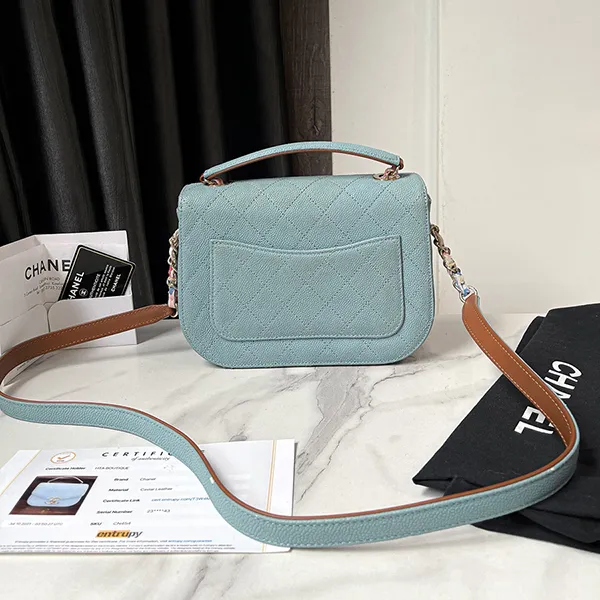 Túi Đeo Chéo Nữ Chanel Cuba Flap Top Handle Caviar Màu Xanh