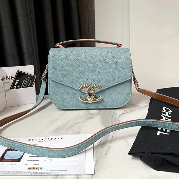 Túi Đeo Chéo Nữ Chanel Cuba Flap Top Handle Caviar Màu Xanh