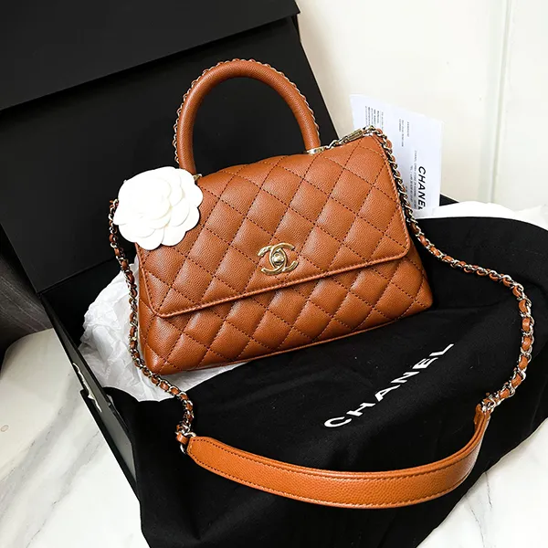 Túi Đeo Chéo Nữ Chanel Toffee Quilted Caviar Coco Top Handle Flap Bag Gold Hardware Màu Nâu