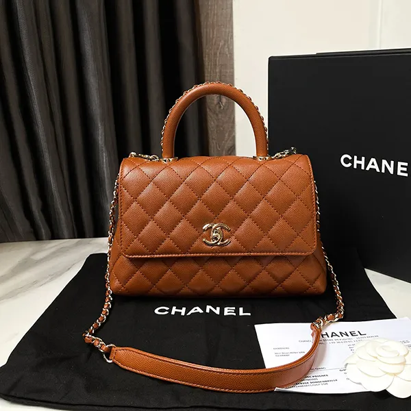 Túi Đeo Chéo Nữ Chanel Toffee Quilted Caviar Coco Top Handle Flap Bag Gold Hardware Màu Nâu