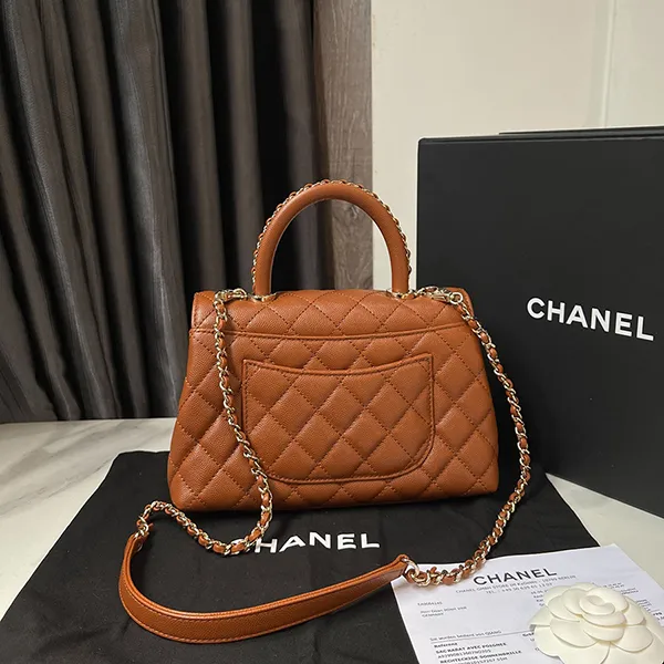 Túi Đeo Chéo Nữ Chanel Toffee Quilted Caviar Coco Top Handle Flap Bag Gold Hardware Màu Nâu