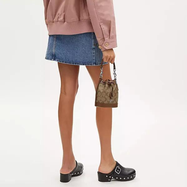 Túi Đeo Chéo Nữ Coach Mini Bucket Bag In Signature Canvas CR145 Màu Nâu Khaki