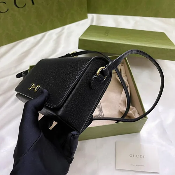 Túi Đeo Chéo Nữ Gucci Shoulder Bag Leather Black Horsebit 703206DJ20G1000 Màu Đen - Túi xách - Vua Hàng Hiệu