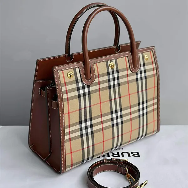 Túi Xách Nữ Burberry Title Bag With Vintage Check Motif In Beige Màu Be Kẻ