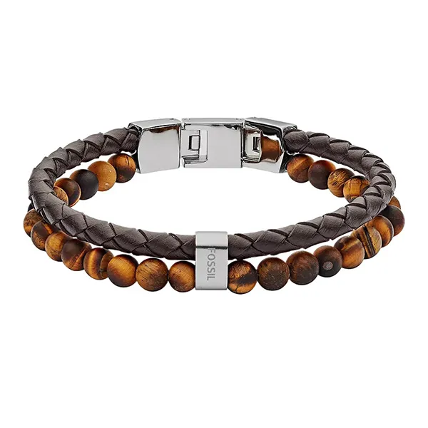 Vòng Đeo Tay Nam Fossil Tiger's Eye And Brown Leather Bracelet JF03118040 Màu Nâu