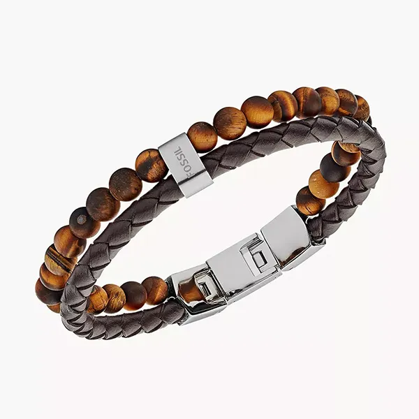 Vòng Đeo Tay Nam Fossil Tiger's Eye And Brown Leather Bracelet JF03118040 Màu Nâu