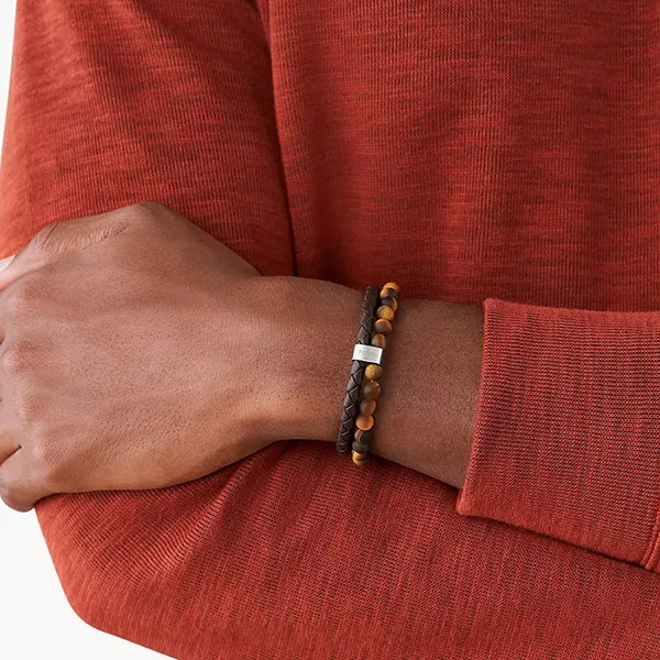 Vòng Đeo Tay Nam Fossil Tiger's Eye And Brown Leather Bracelet JF03118040 Màu Nâu