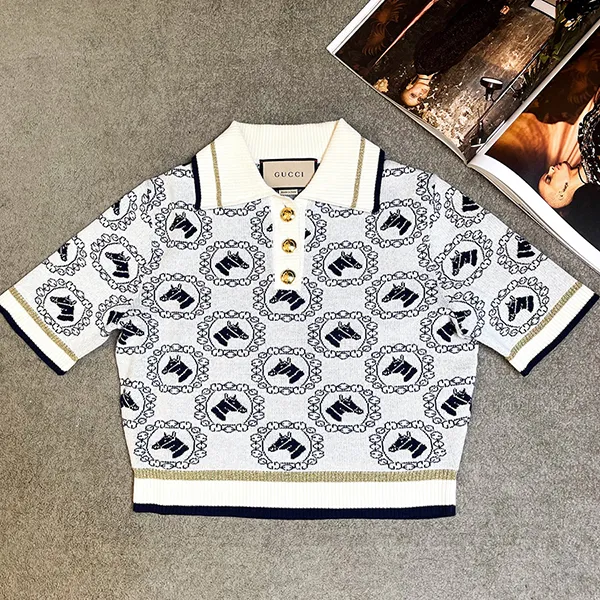 Áo Croptop Nữ Gucci Equestrian Jacquard Polo Top 743328XKC42 Màu Trắng Họa Tiết Size S