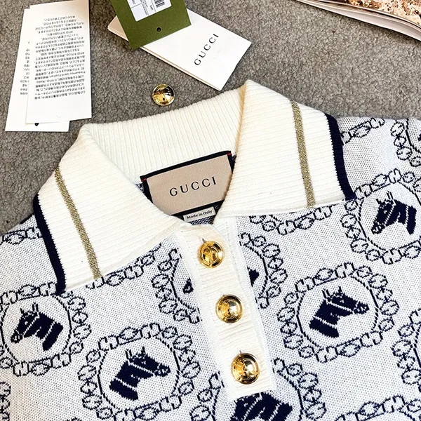Áo Croptop Nữ Gucci Equestrian Jacquard Polo Top 743328XKC42 Màu Trắng Họa Tiết Size S
