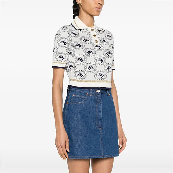 Áo Croptop Nữ Gucci Equestrian Jacquard Polo Top 743328XKC42 Màu Trắng Họa Tiết Size S
