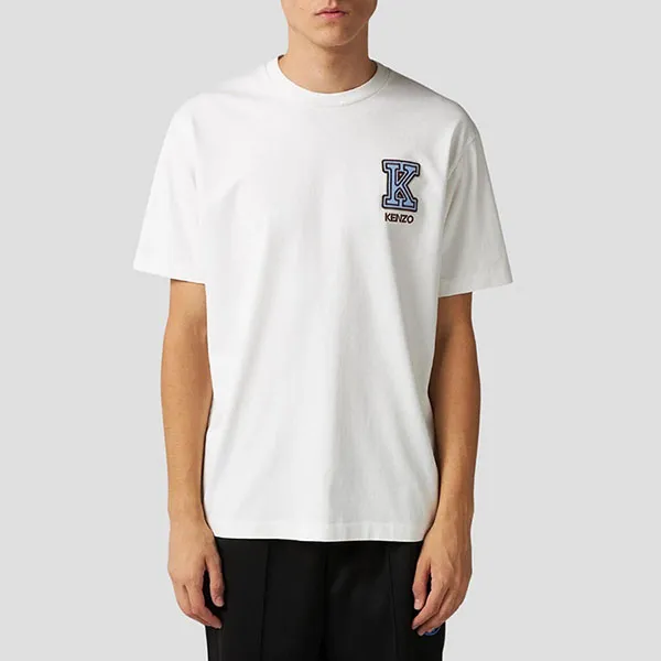 Áo Phông Nam Kenzo White With Logo Patch Embroidered FD65TS1314SY 02 Tshirt Màu Trắng Size L
