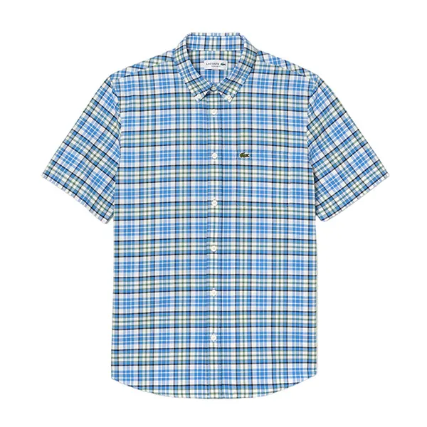 Áo Sơ Mi Cộc Tay Nam Lacoste Regular Fit Short Sleeve Check CH1910 FYF Màu Kẻ Xanh Trắng Size 38