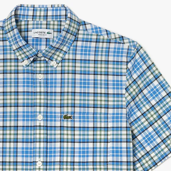 Áo Sơ Mi Cộc Tay Nam Lacoste Regular Fit Short Sleeve Check CH1910 FYF Màu Kẻ Xanh Trắng Size 38