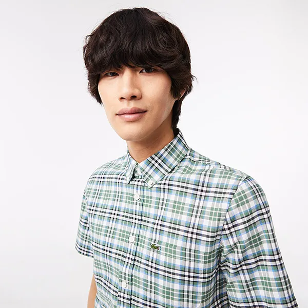 Áo Sơ Mi Cộc Tay Nam Lacoste Regular Fit Short Sleeve Check Shirt CH1910 U9I Màu Kẻ Xanh Khaki Size 40