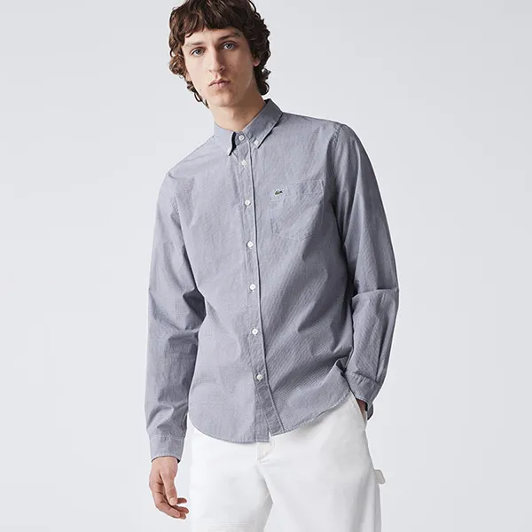 Áo Sơ Mi Nam Lacoste Men's Regular Fit Cotton Poplin Shirt CH2564 522 Màu Kẻ Caro Đen Trắng Size 38