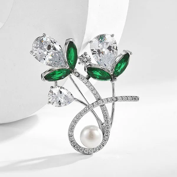 Cài Áo Nữ Kya Jewel Romantic Pearl Flower BR759 Màu Bạc - Xanh Rêu