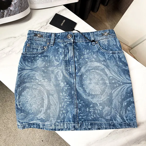 Chân Váy Nữ Versace Baroque Print Denim Miniskirt Màu Xanh Denim Size 36