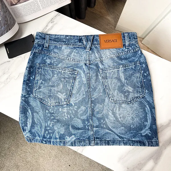 Chân Váy Nữ Versace Baroque Print Denim Miniskirt Màu Xanh Denim Size 36