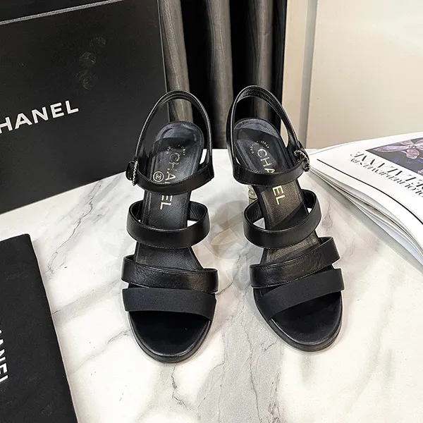Dép Cao Gót Nữ Chanel Interlocking CC Logo Suede Slingback Sandals Màu Đen Size 35.5