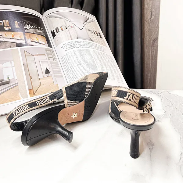 Dép Cao Gót Nữ Christian Dior Jadio’r Slingback Cotton Ribbon Kitten Heels Màu Be Đen Size 35 - Dép - Vua Hàng Hiệu