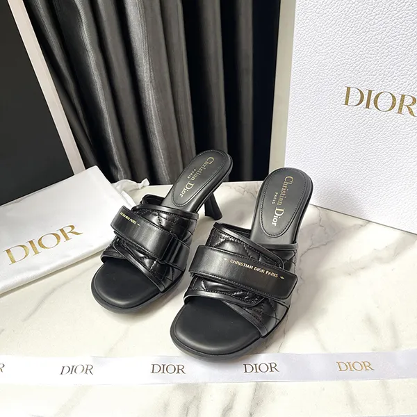 Dép Christian Dior Evolution Heeled Slide Sandals Cannage Quilt Leather Màu Đen Size 36