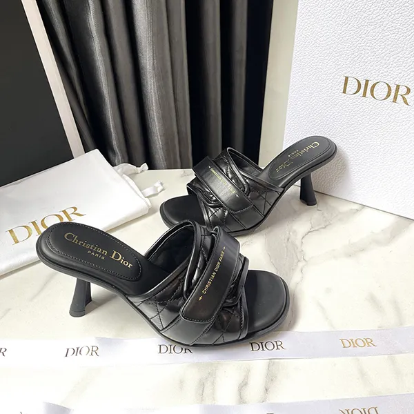 Dép Christian Dior Evolution Heeled Slide Sandals Cannage Quilt Leather Màu Đen Size 36