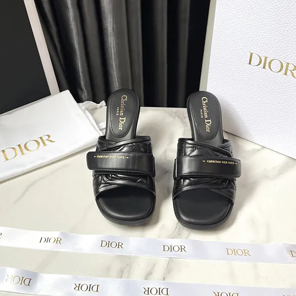 Dép Christian Dior Evolution Heeled Slide Sandals Cannage Quilt Leather Màu Đen Size 36