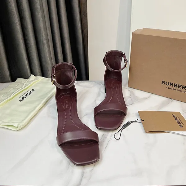 Dép Sandal Nữ Burberry Burgundy Leather Square Toe Ankle Strap Flat With Fixed Vamp Strap Màu Đỏ Đô Size 36.5
