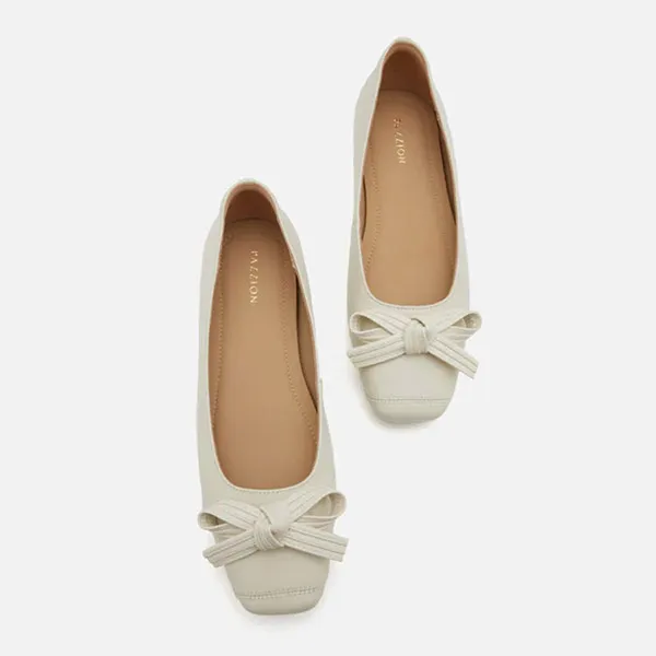 Giày Bệt Nữ Pazzion Clarice Bow Square Toe Flats 966-3BEG035 Màu Trắng Kem - Giày - Vua Hàng Hiệu