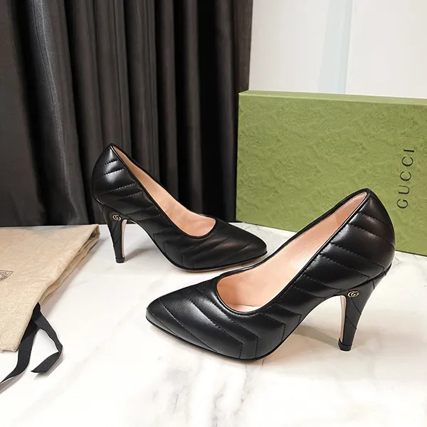 Giày Cao Gót Nữ Gucci Quilted Nappa Pumps With Cone Heel Màu Đen Size 35.5