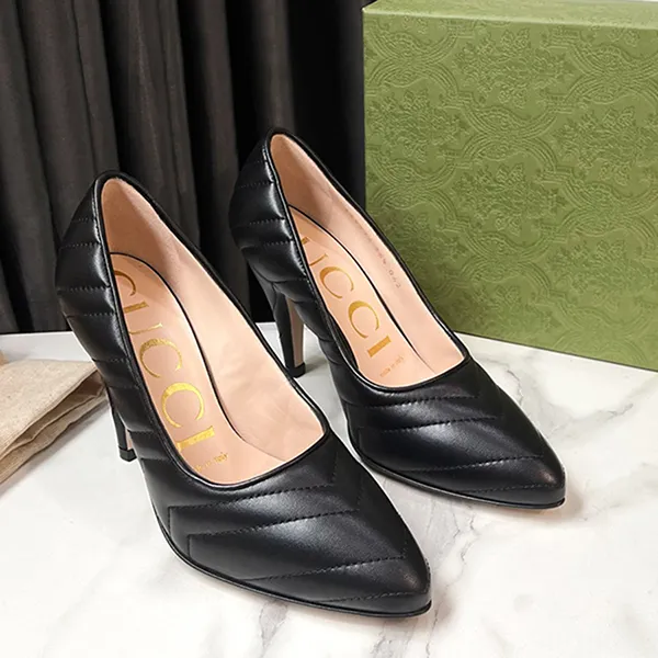 Giày Cao Gót Nữ Gucci Quilted Nappa Pumps With Cone Heel Màu Đen Size 35.5