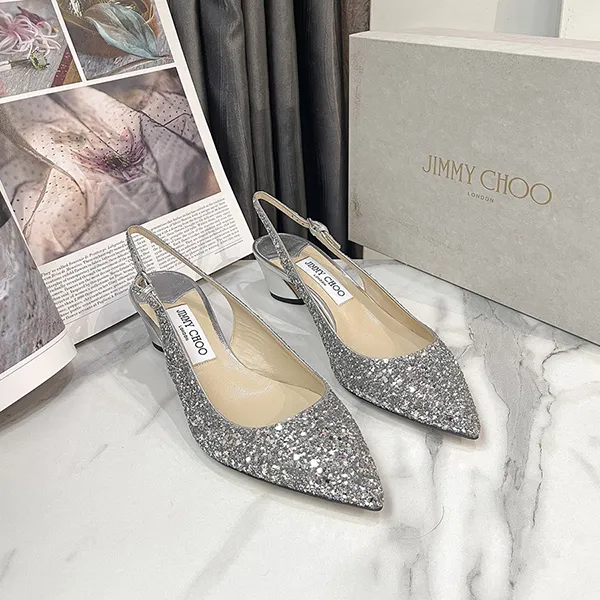 Giày Cao Gót Nữ Jimmy Choo Slingback Pointed Toe Glitter Shoes Champagne Màu Be Bạc Size 38.5
