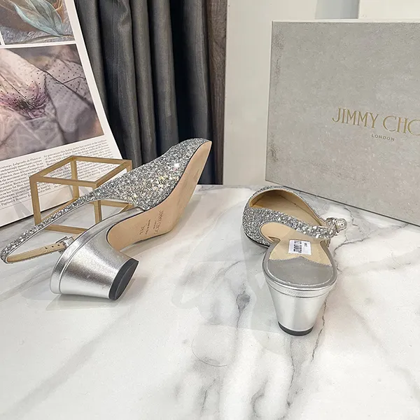 Giày Cao Gót Nữ Jimmy Choo Slingback Pointed Toe Glitter Shoes Champagne Màu Be Bạc Size 38.5