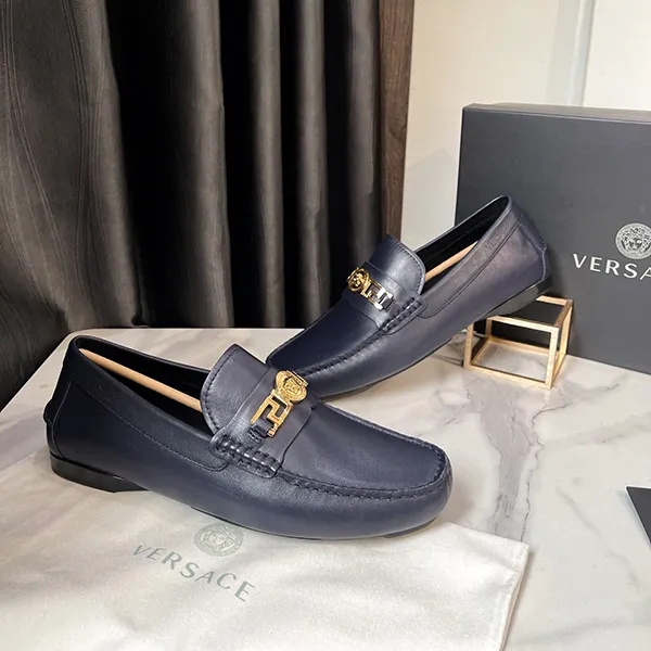 Giày Lười Nam Versace Leather With Gold Logo Hardware Màu Xanh Navy Size 40 - Giày - Vua Hàng Hiệu
