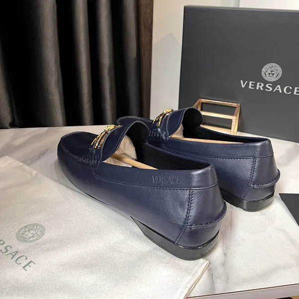 Giày Lười Nam Versace Leather With Gold Logo Hardware Màu Xanh Navy Size 40 - Giày - Vua Hàng Hiệu