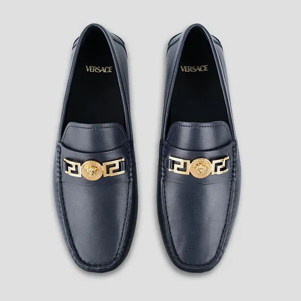 Giày Lười Nam Versace Leather With Gold Logo Hardware Màu Xanh Navy Size 40 - Giày - Vua Hàng Hiệu