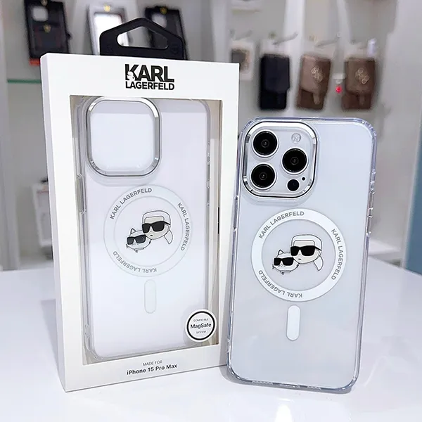 Ốp Điện Thoại Karl Lagerfeld Heads Metal Frame MagSafe Iphone 15 Pro Max Màu Trắng